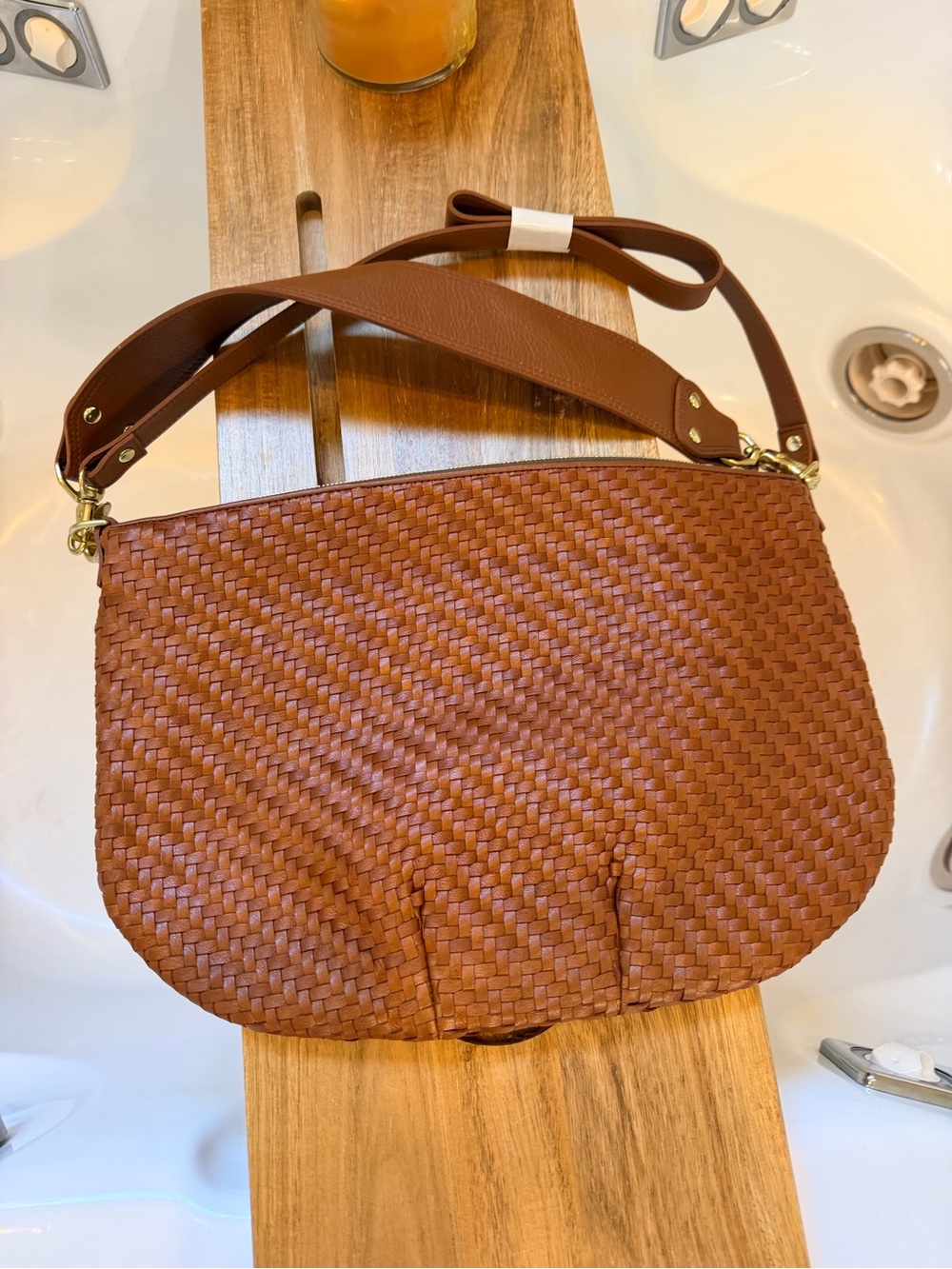 Clare V moyen messenger crossbody bag - Hazelnut Woven Zig-Zag NWT $525 - Picture 6 of 9